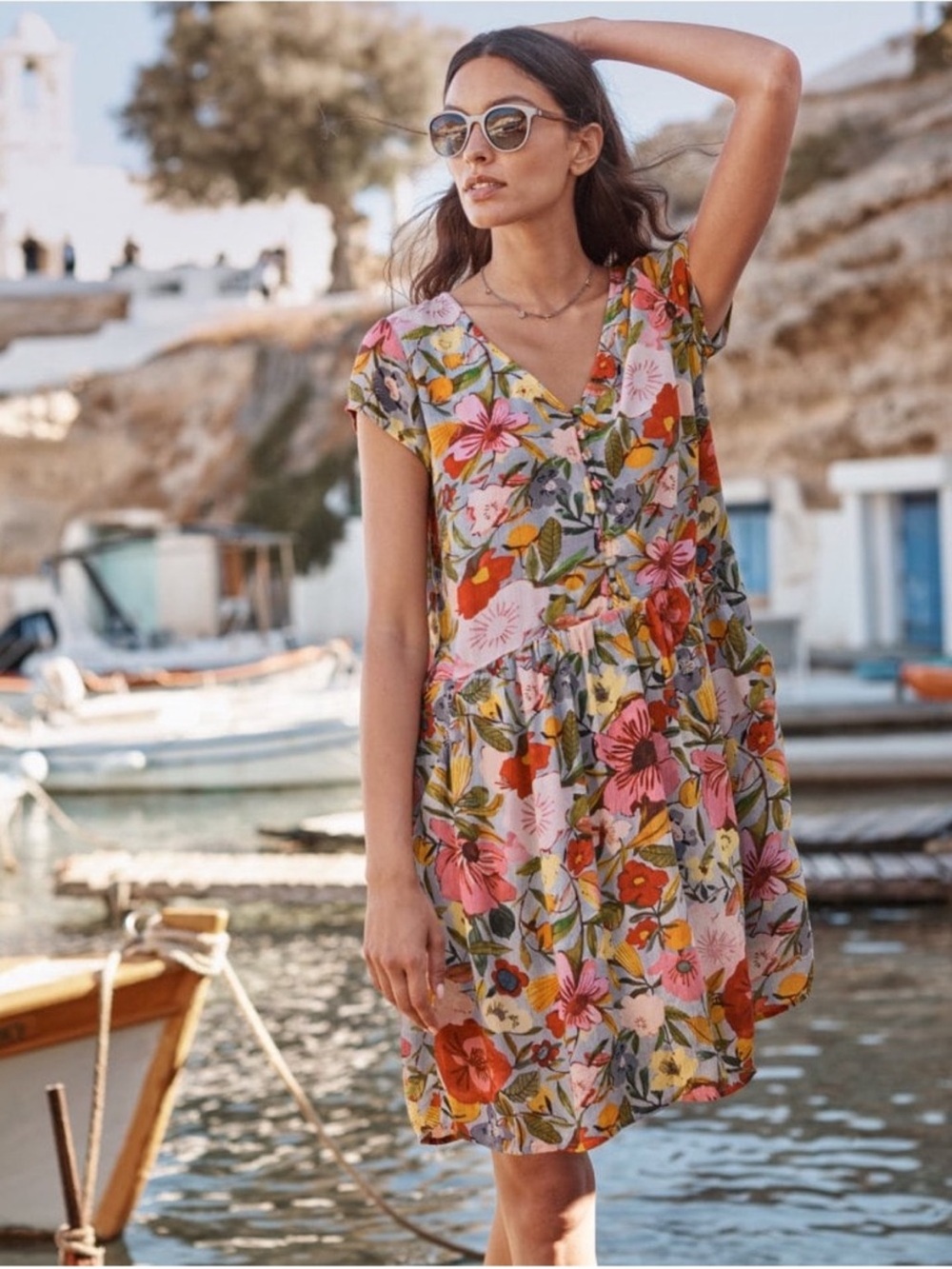 Garnet Hill Marina Crepe Dress Elora Multi Floral V-Neck Short Sleeve Small